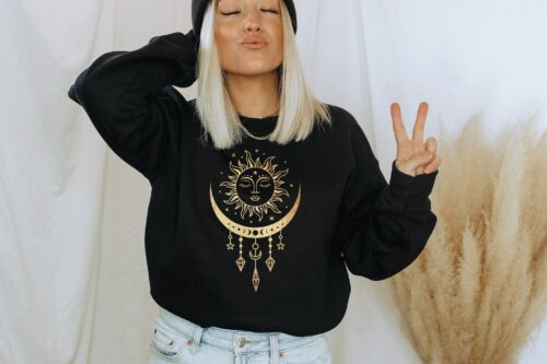 Women'S Golden Sun Moon And Crystals Mystical Boho Chic Sweatshirt, Mystical Shirt. Celestial Shirt, Moon And Sun, Boho Sweatshirt