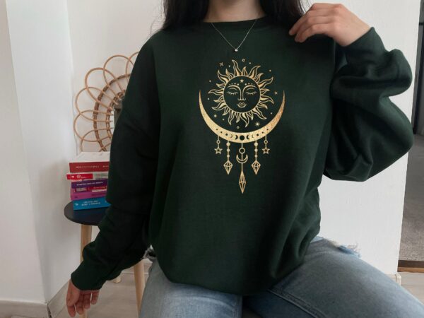 Women'S Golden Sun Moon And Crystals Mystical Boho Chic Sweatshirt, Mystical Shirt. Celestial Shirt, Moon And Sun, Boho Sweatshirt