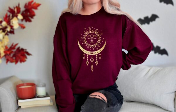 Women'S Golden Sun Moon And Crystals Mystical Boho Chic Sweatshirt, Mystical Shirt. Celestial Shirt, Moon And Sun, Boho Sweatshirt