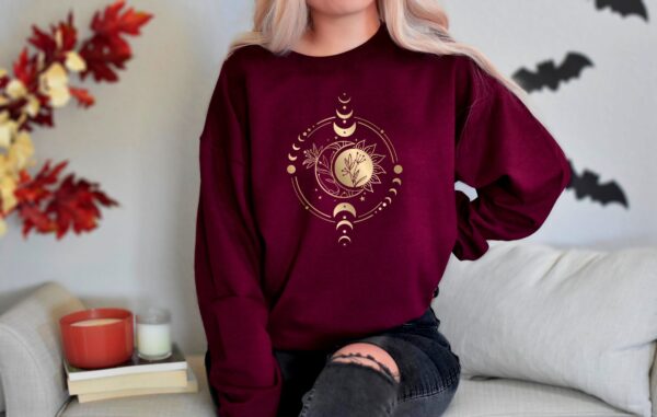 Women'S Golden Sun Moon Flowers Sweatshirt. Mystical Sweatshirt, Celestial Sweatshirt, Celestial Shirt, Mystical Shirt, Black And Gold Shirt