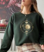 Women'S Golden Sun Moon Flowers Sweatshirt. Mystical Sweatshirt, Celestial Sweatshirt, Celestial Shirt, Mystical Shirt, Black And Gold Shirt