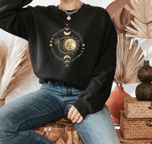 Women'S Golden Sun Moon Flowers Sweatshirt. Mystical Sweatshirt, Celestial Sweatshirt, Celestial Shirt, Mystical Shirt, Black And Gold Shirt