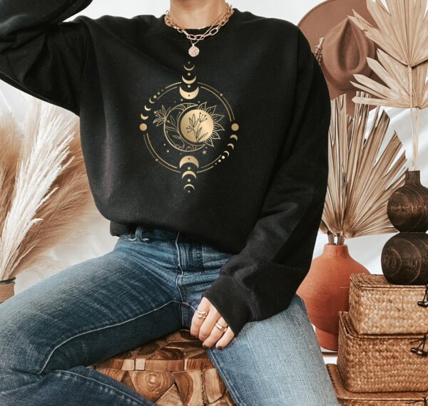 Women'S Golden Sun Moon Flowers Sweatshirt. Mystical Sweatshirt, Celestial Sweatshirt, Celestial Shirt, Mystical Shirt, Black And Gold Shirt