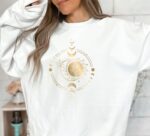 Women'S Golden Sun Moon Flowers Sweatshirt. Mystical Sweatshirt, Celestial Sweatshirt, Celestial Shirt, Mystical Shirt, Black And Gold Shirt