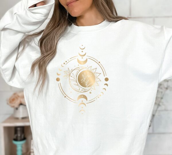 Women'S Golden Sun Moon Flowers Sweatshirt. Mystical Sweatshirt, Celestial Sweatshirt, Celestial Shirt, Mystical Shirt, Black And Gold Shirt