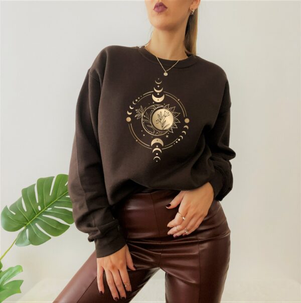 Women'S Golden Sun Moon Flowers Sweatshirt. Mystical Sweatshirt, Celestial Sweatshirt, Celestial Shirt, Mystical Shirt, Black And Gold Shirt