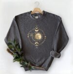 Women'S Golden Sun Moon Flowers Sweatshirt. Mystical Sweatshirt, Celestial Sweatshirt, Celestial Shirt, Mystical Shirt, Black And Gold Shirt