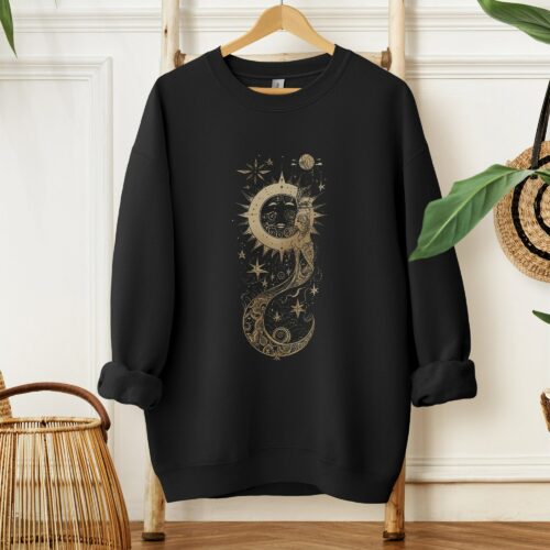 Women'S Golden Sun Moon Flowers Sweatshirt. Mystical Sweatshirt, Celestial Sweatshirt, Celestial Shirt, Mystical Shirt, Black And Gold Shirt