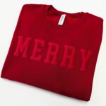 Christmas Sweatshirt For Women Puff Print Merry Christmas Red Emboss